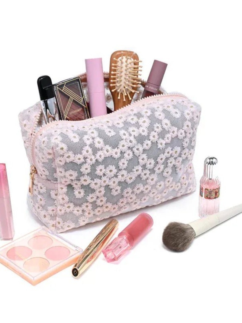 Pink Floral Lace Makeup Bag - Women's Cosmetic Pouch